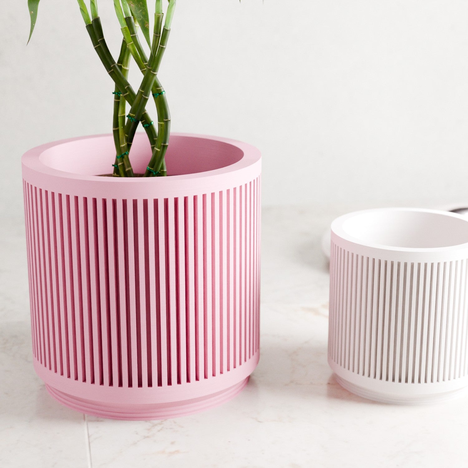 Pink Kanso planter with lucky bamboo beside a white planter