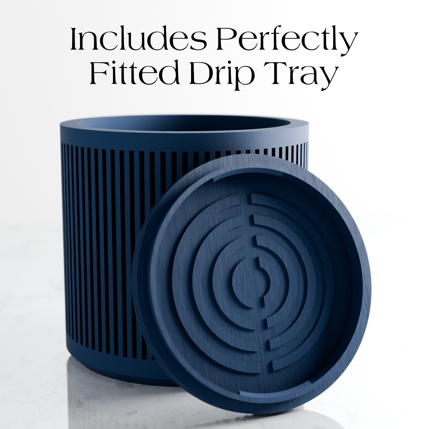 Navy blue Kanso planter shown with its perfectly fitted drip tray