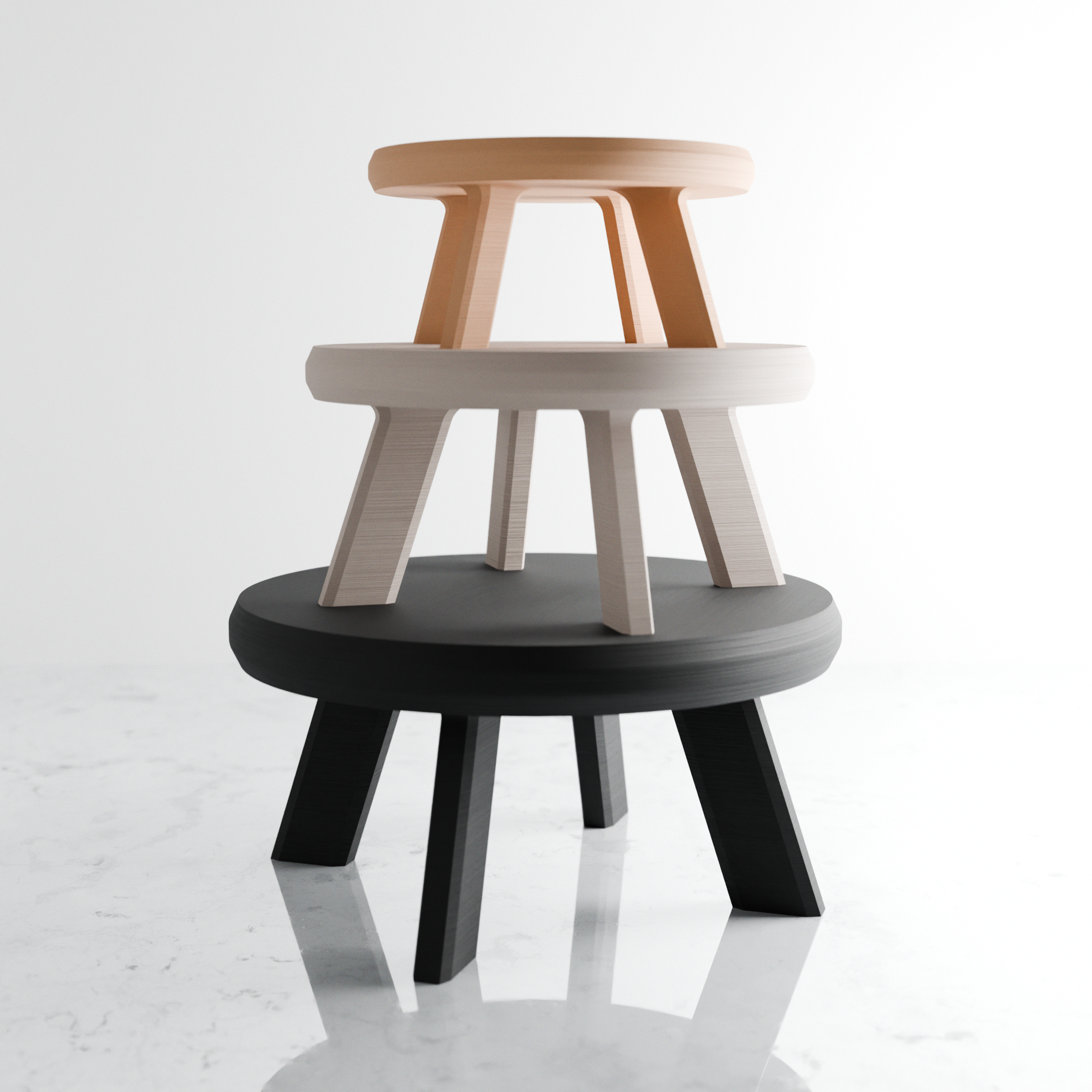 Three-step stool with wooden top and black bottom steps on a white background