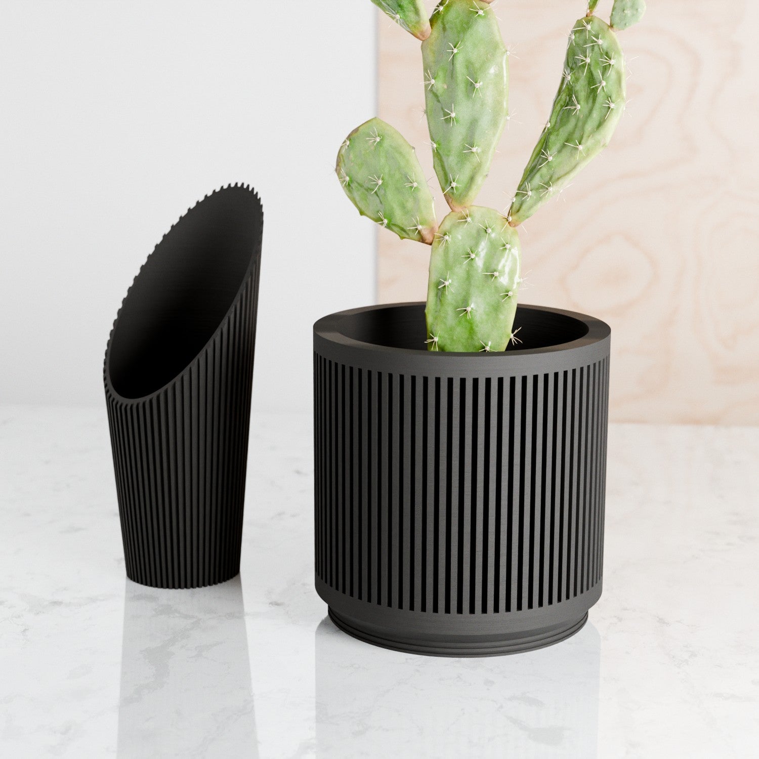 Matte black Kanso planters styled with a prickly pear cactus