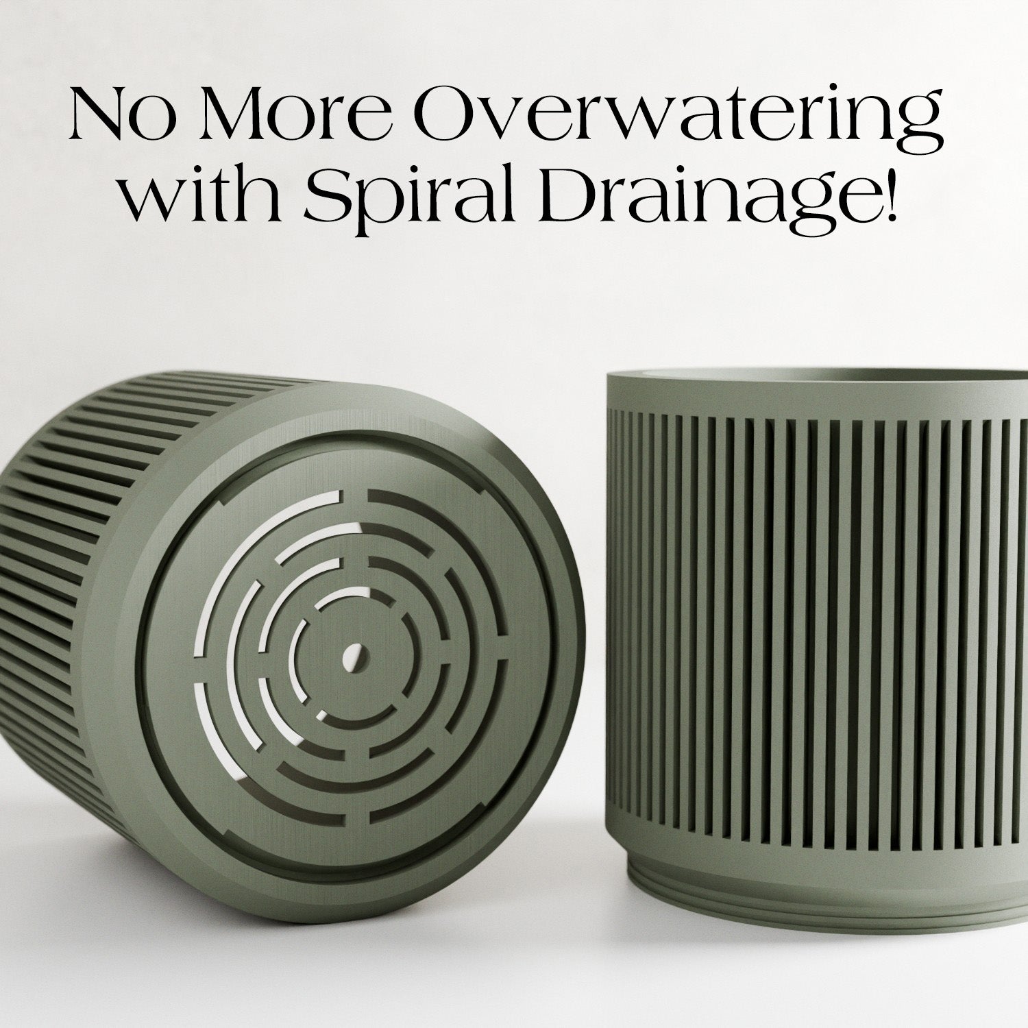 Sage green Kanso planter base highlighting the spiral drainage design