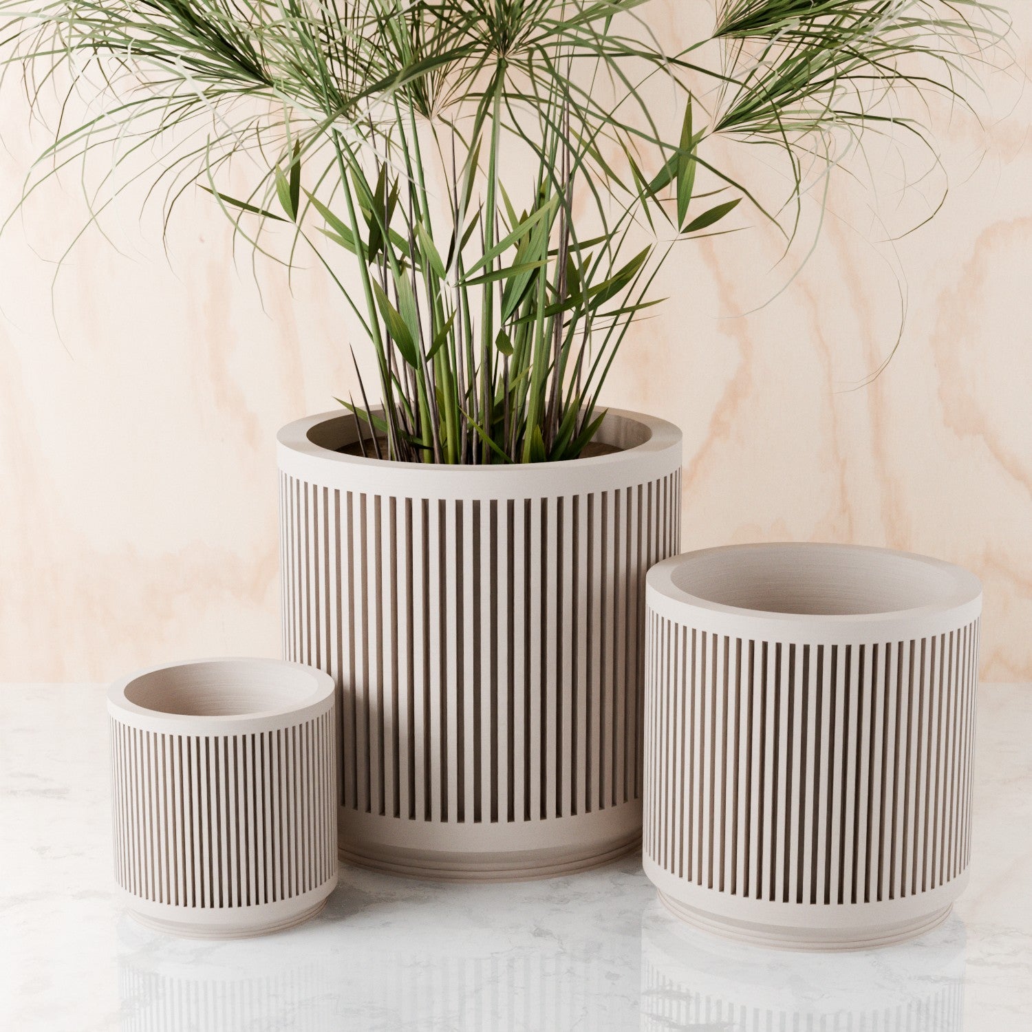 Off-white Kanso fluted planter set with a palm plant on marble