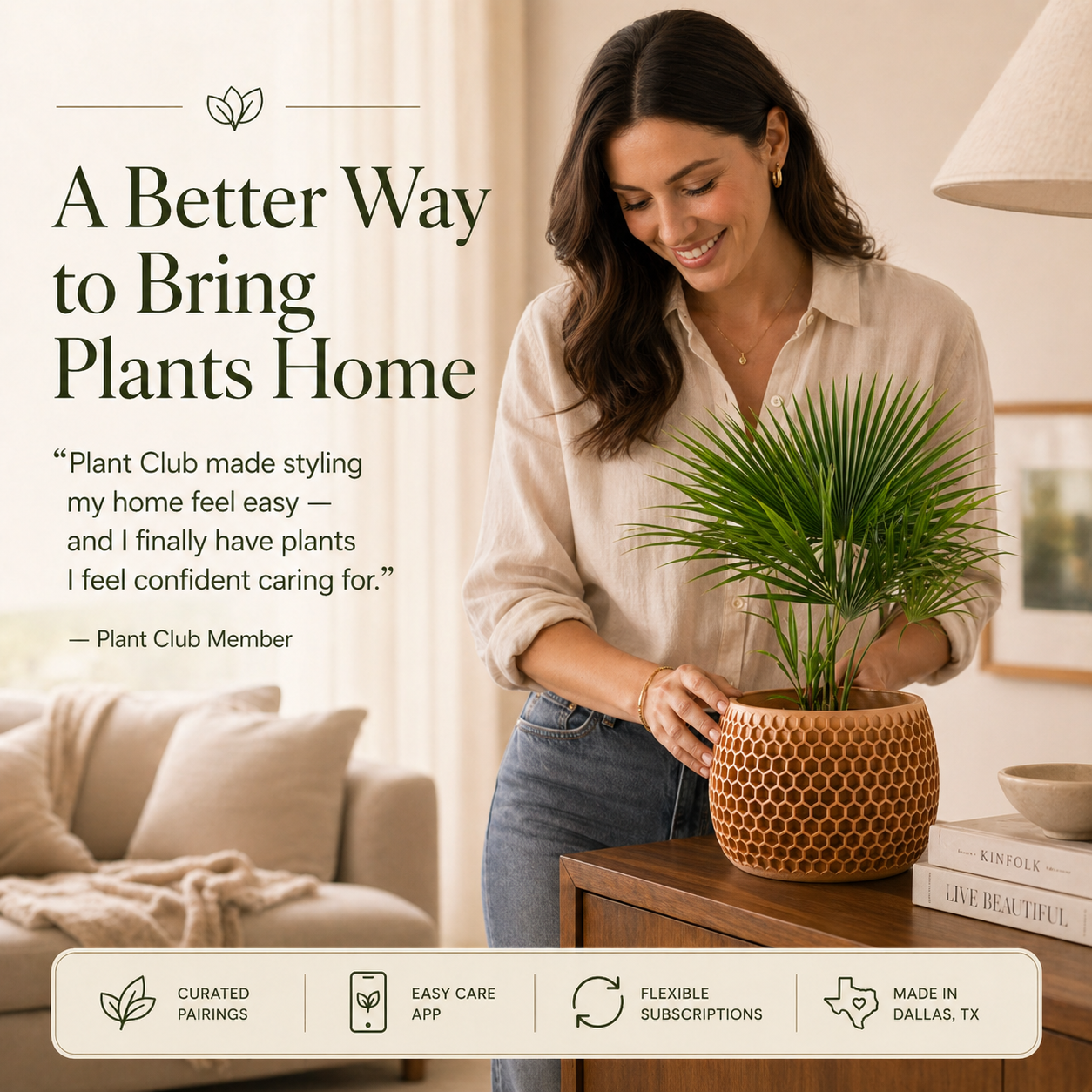 Styled Modernized Pottery plant in a warm home setting