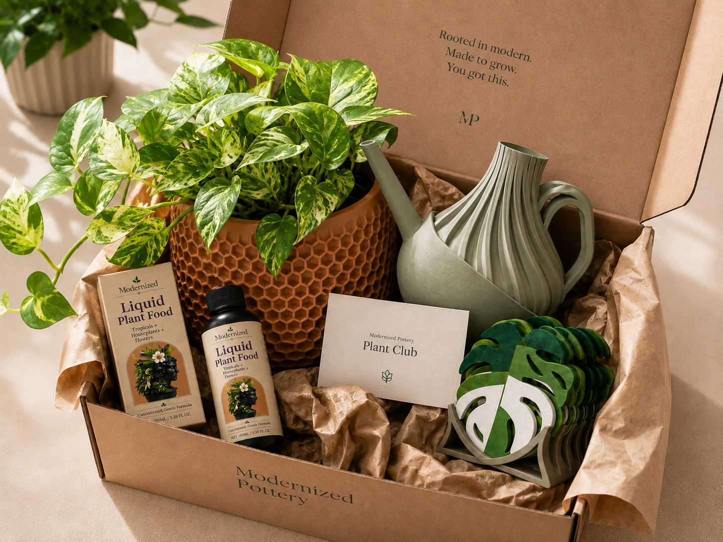 Plant Club welcome box with plant, watering can, plant food, and Monstera coasters