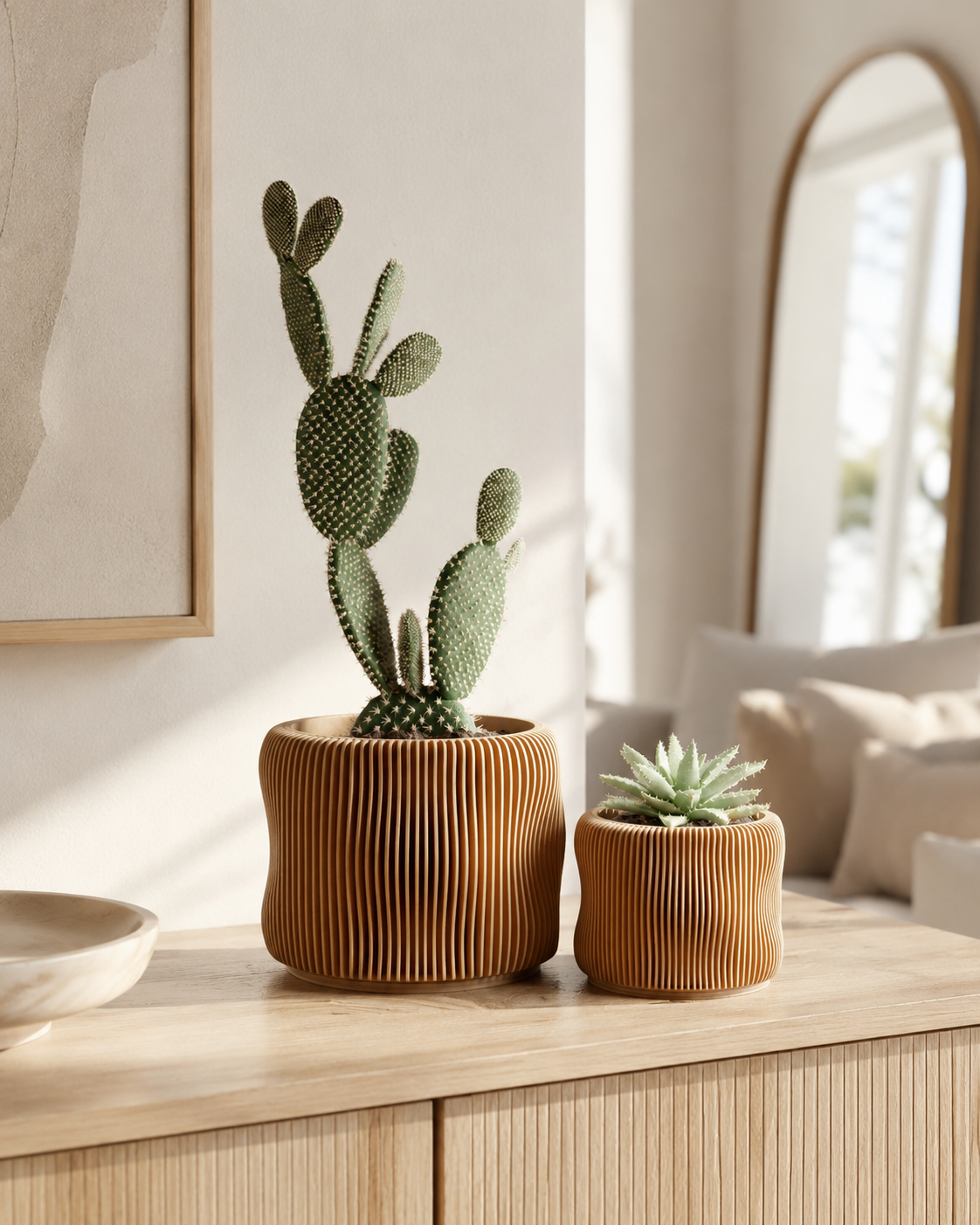 Cactus and succulent in warm ribbed planters on a dresser
