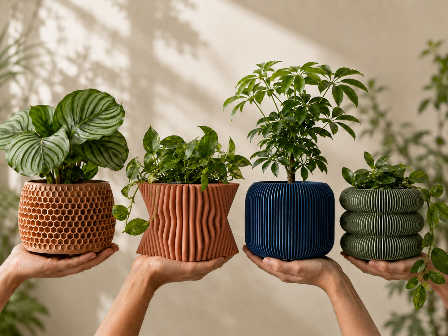 Four Modernized Pottery planters with houseplants