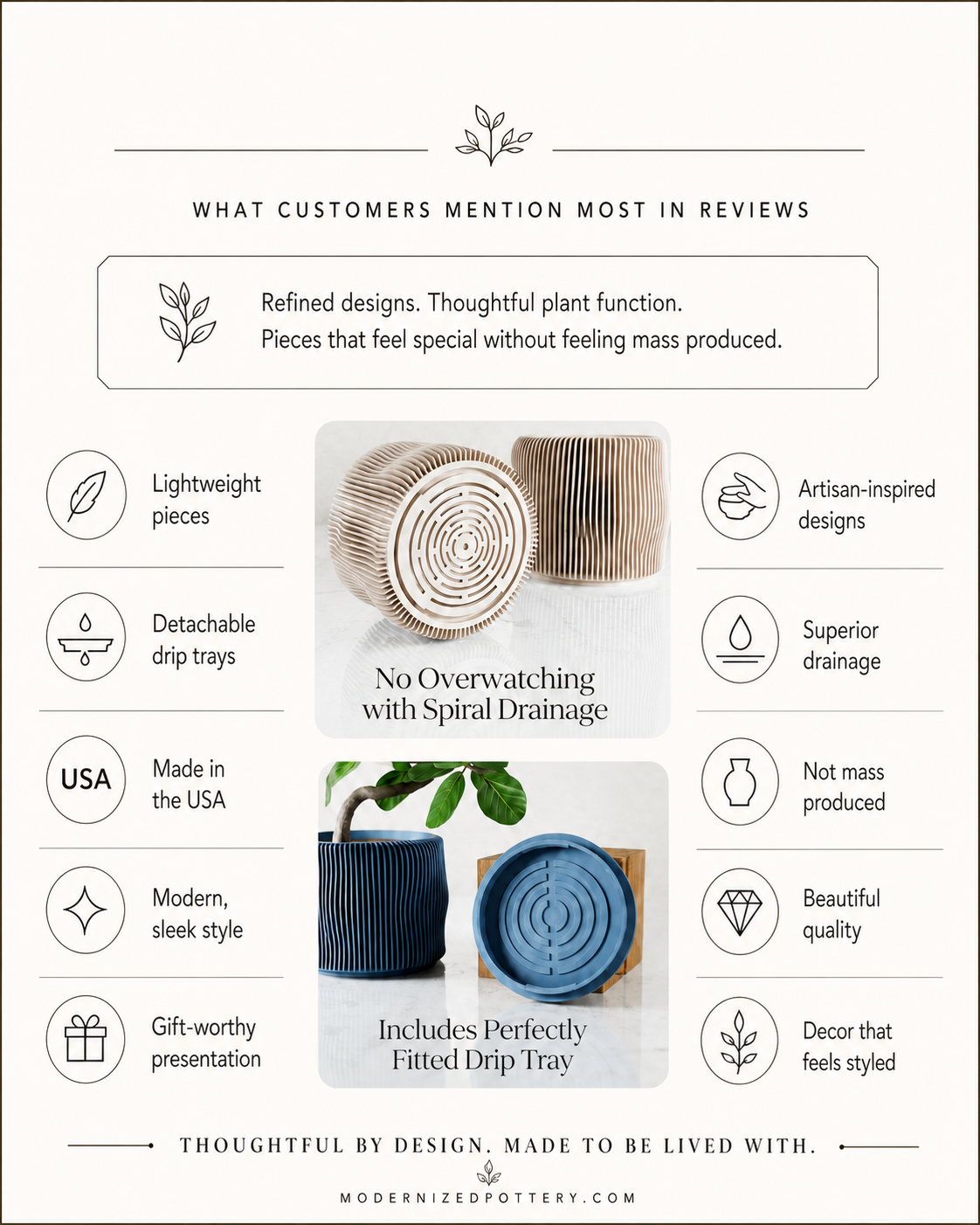 What customers mention most in reviews: refined designs, thoughtful plant function, drainage, quality, and gift-worthy presentation