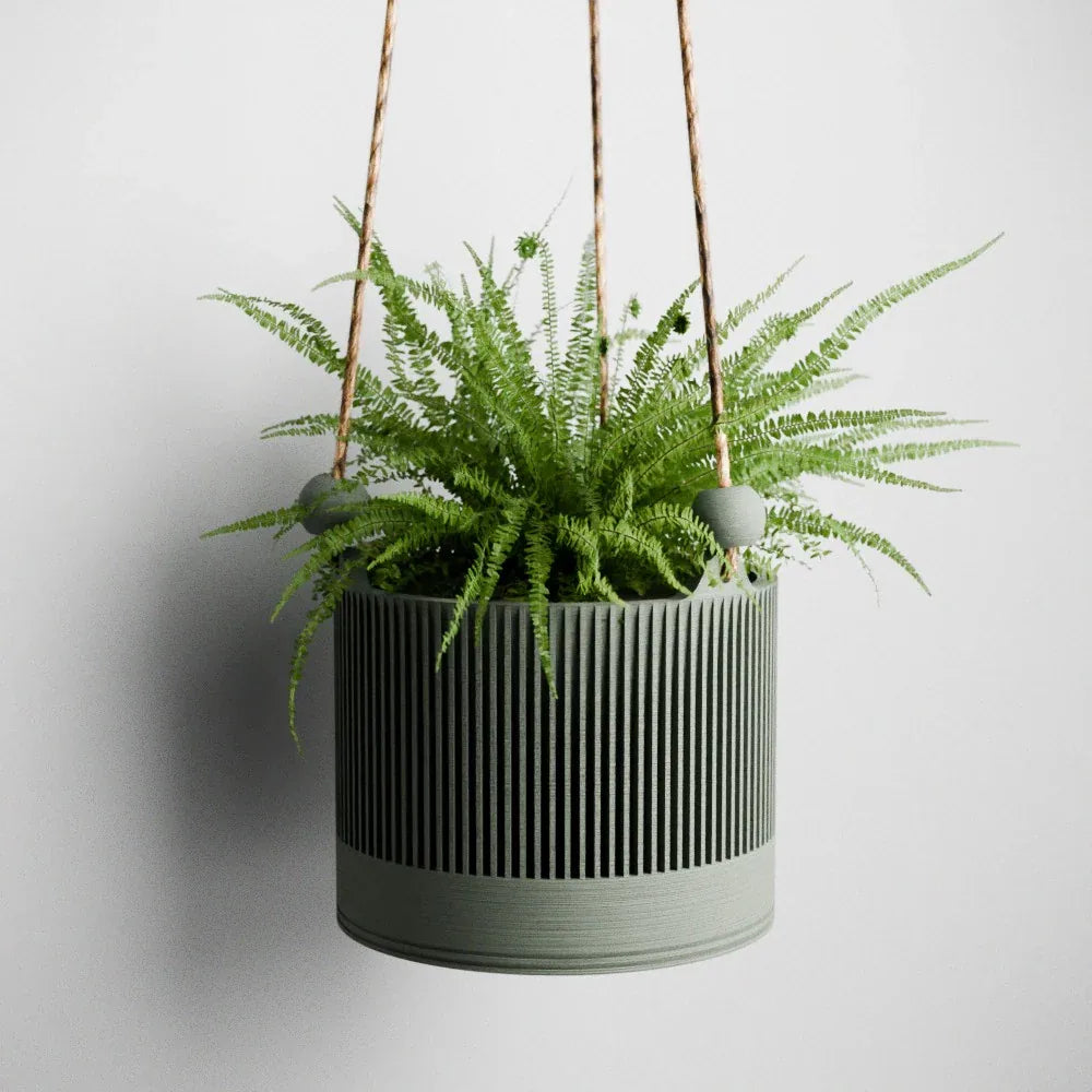 Hanging fern in green ribbed planter